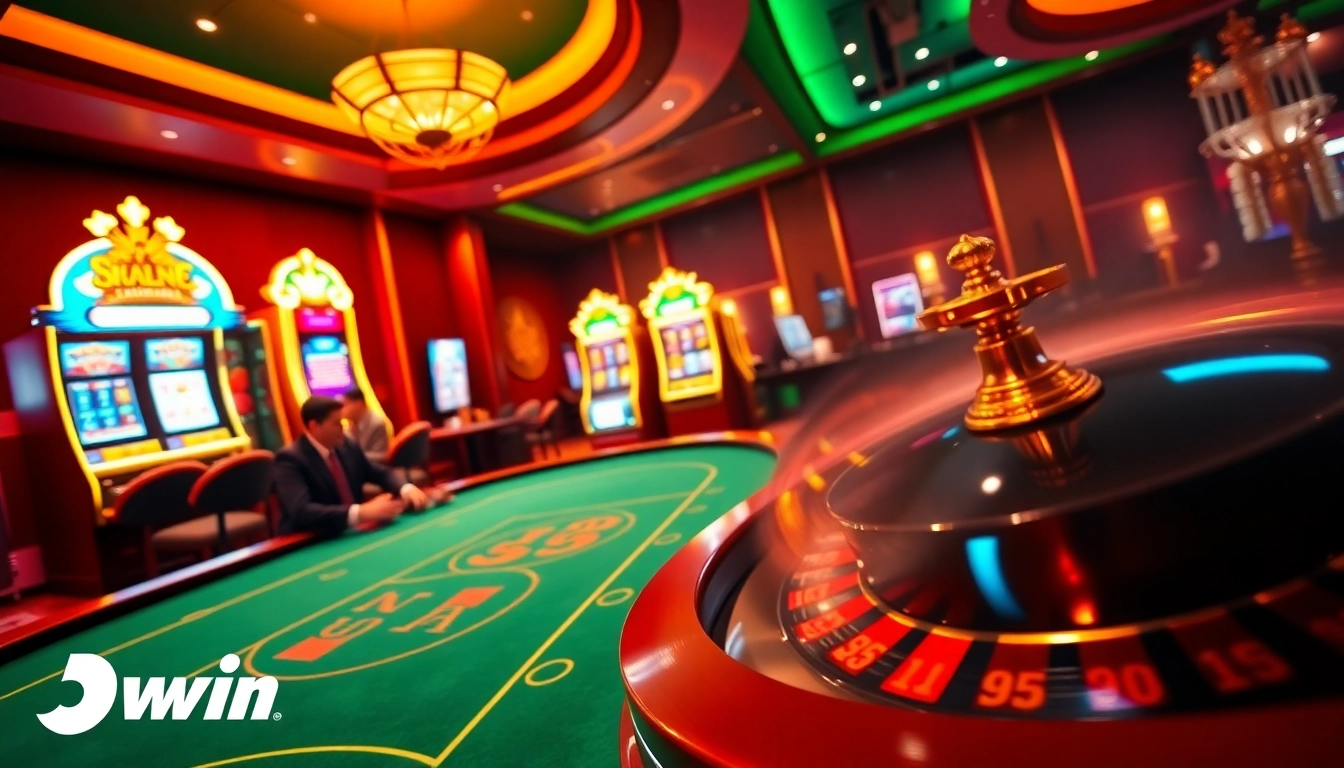 A chic casino scene showcasing 3win with poker players at a luxurious table, vibrant slot machines, and an exciting roulette wheel.