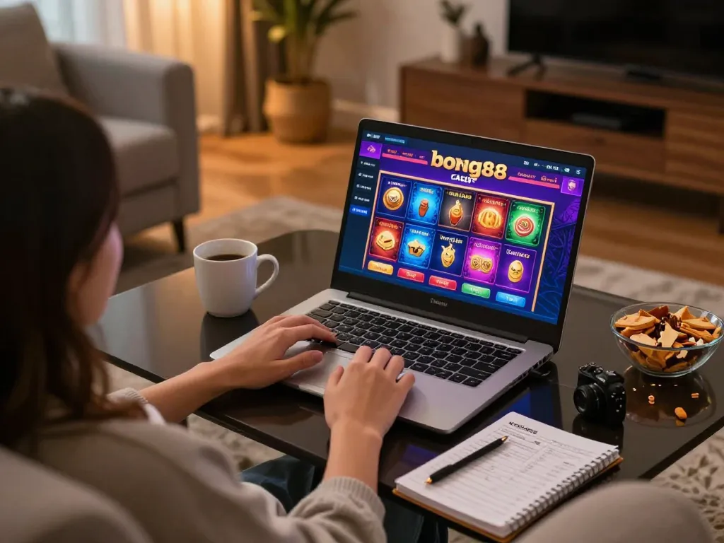 Engaging online gaming experience at home using bong88, featuring vibrant casino game interface and strategic notes.