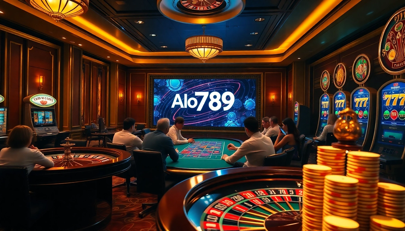A dynamic casino scene showcasing bets at Alo789 Com, featuring colorful poker chips and a roulette wheel.