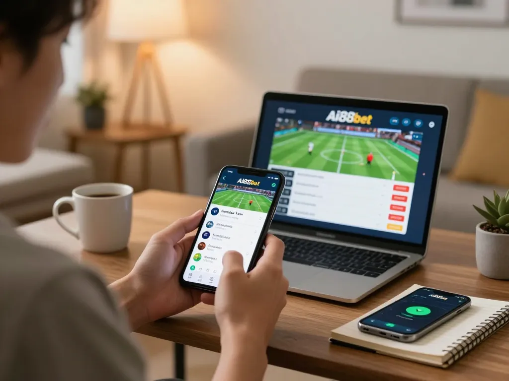 A player utilizing Ai88bet's mobile app to strategize sports betting in a cozy home environment.