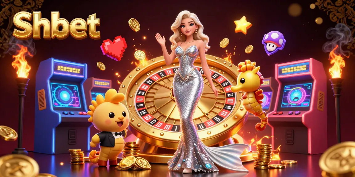 Experience excitement with Shbet's stunning casino scene featuring a glamorous woman, roulette wheel, and vibrant game elements.