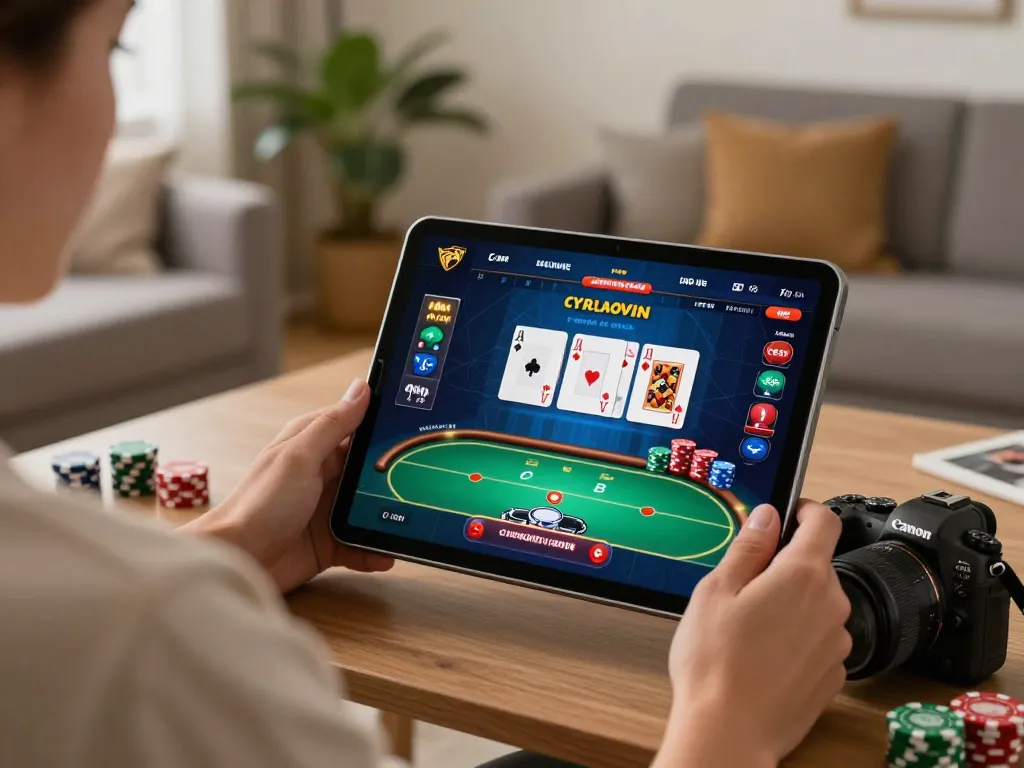 Player enjoying SC88 online poker on a tablet in a cozy home environment.