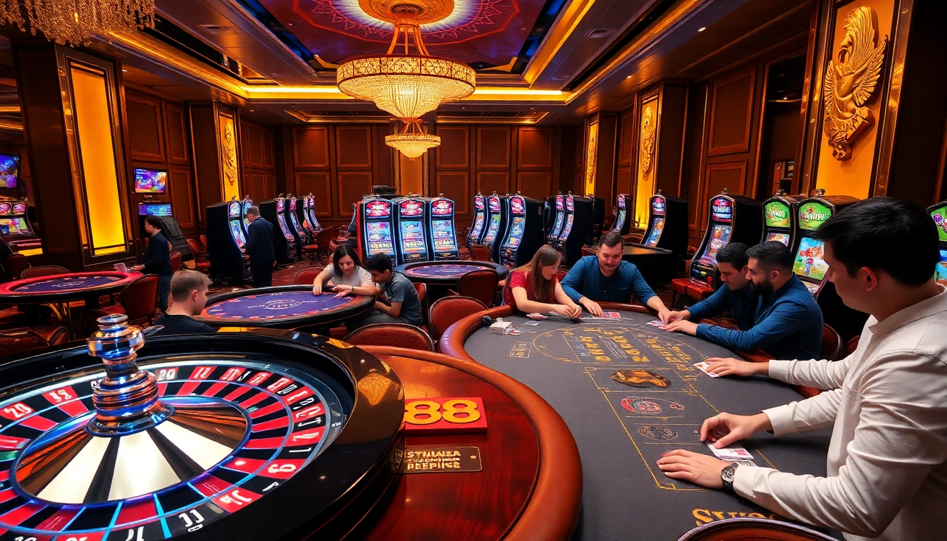 Engaged players showcasing strategic wins at a glamorous SV88 casino.