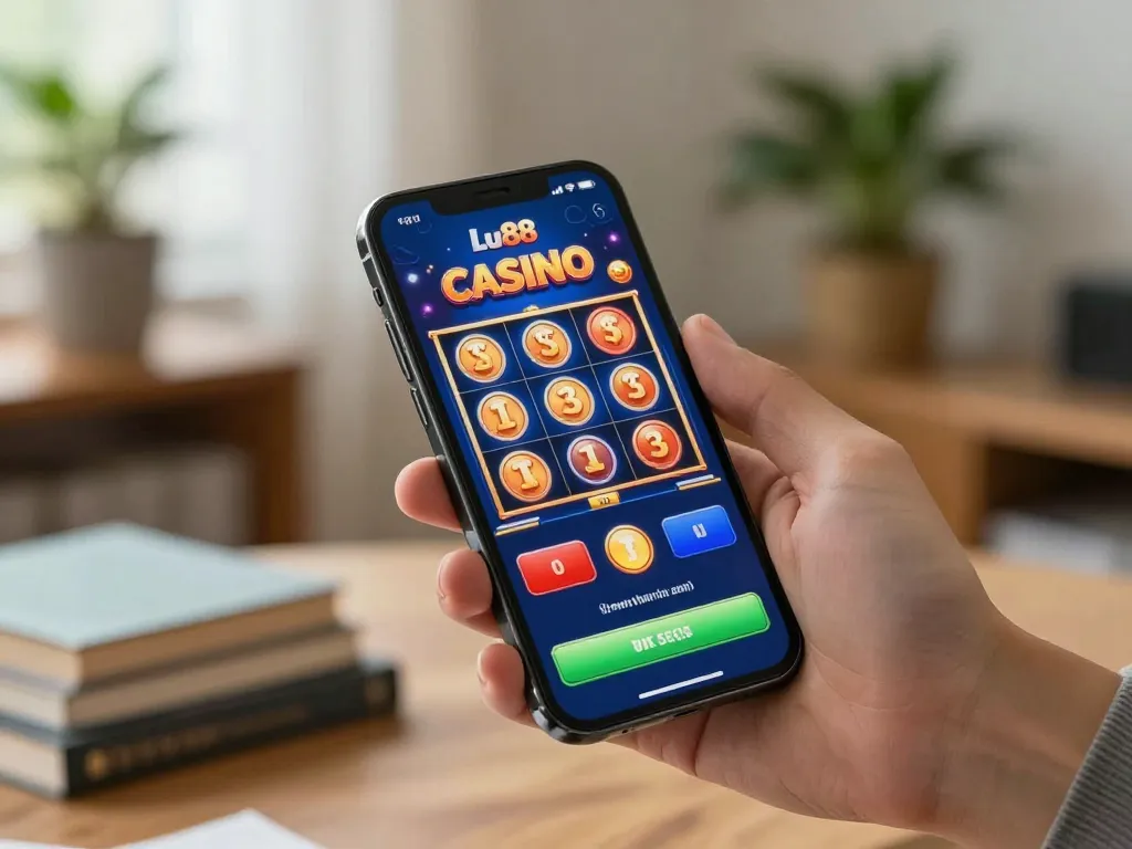 Engaging moment of using the lu88 casino app for online gaming on a smartphone, showcasing exciting slot graphics.