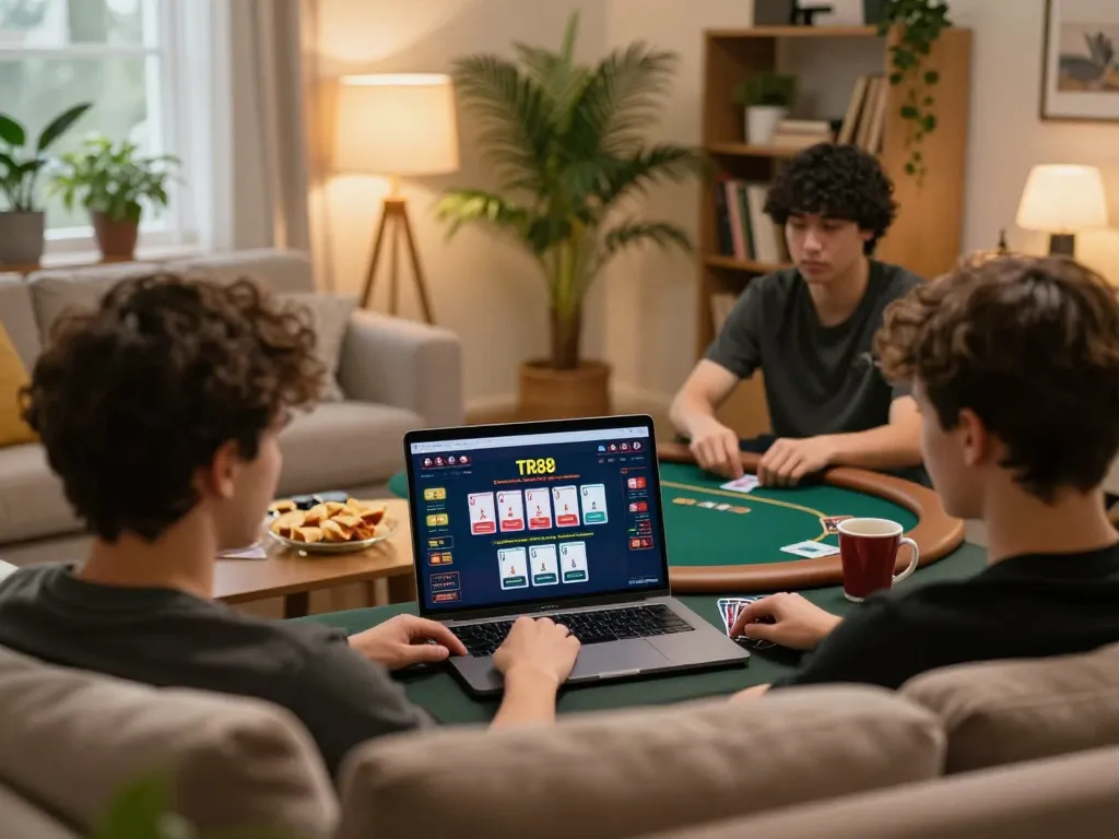 Engaging poker gameplay at home with TR88 platform displayed on laptop, person strategizing in comfortable setting