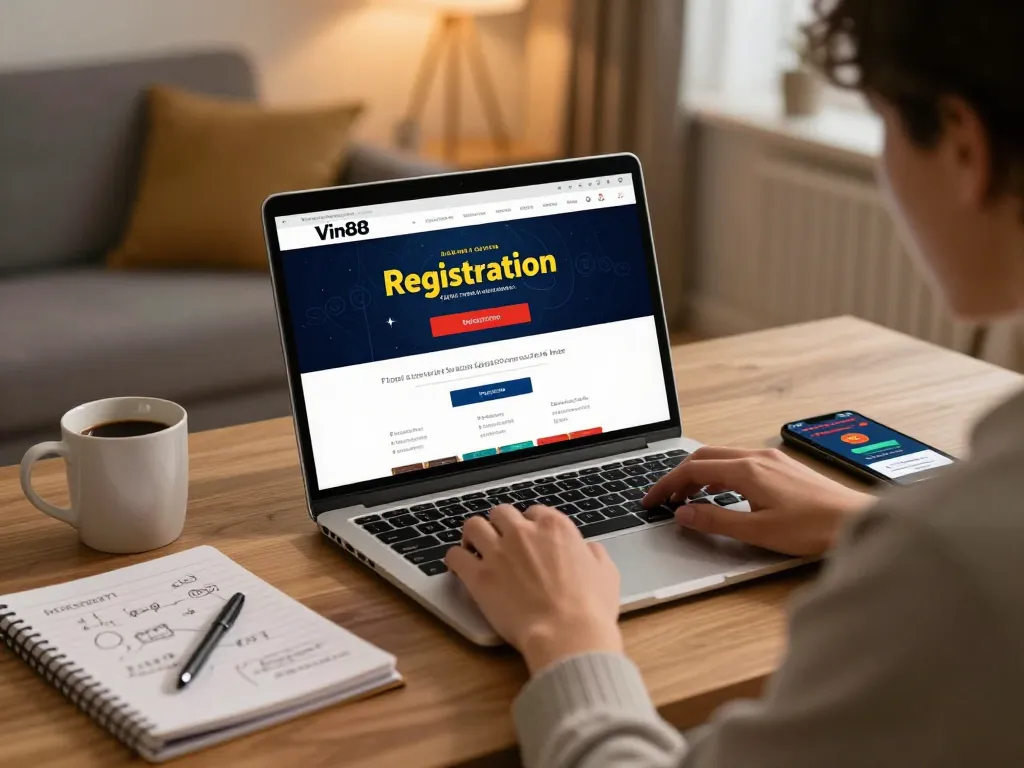 Register for Vin88 easily, with a person engaged in online gaming at home using a laptop and smartphone.