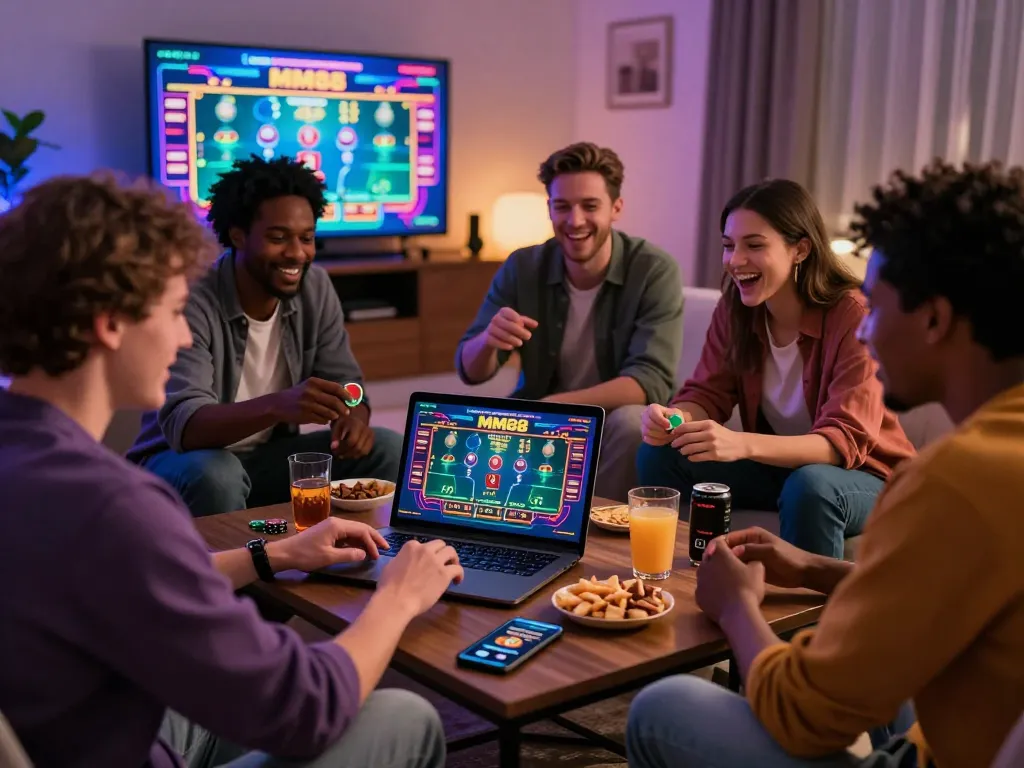 Friends enjoy an exciting gaming night at home using the MM88 online casino platform, surrounded by snacks and vibrant lights.