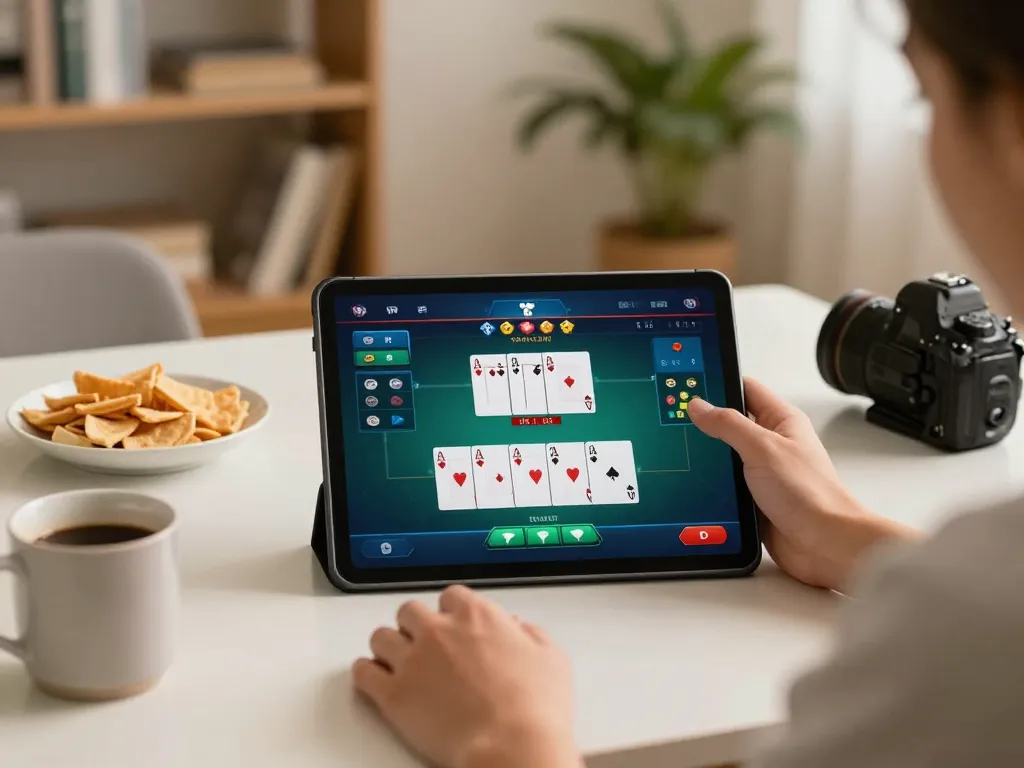Player enjoying MM88 poker on tablet, showcasing a cozy home gaming atmosphere with snacks and warm lighting.