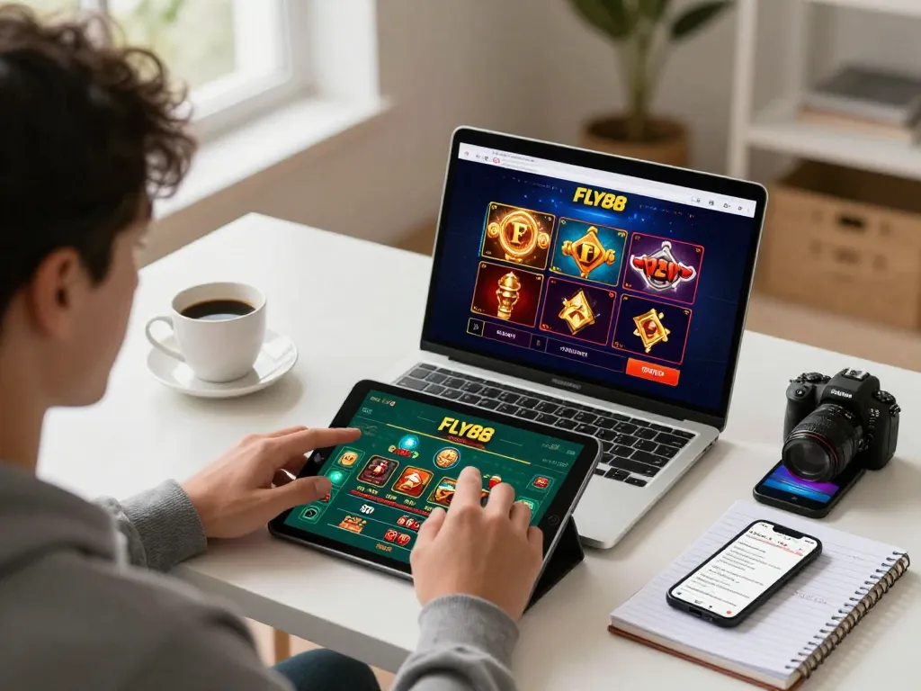 Engaging in online casino gaming on FLY88 platform with tablet, showcasing strategic betting notes.