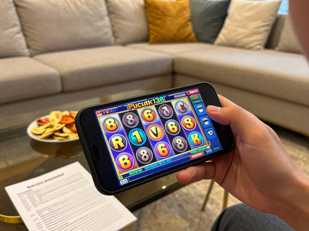 Pucuk138 player celebrating a win on mobile slot game in a cozy home setting