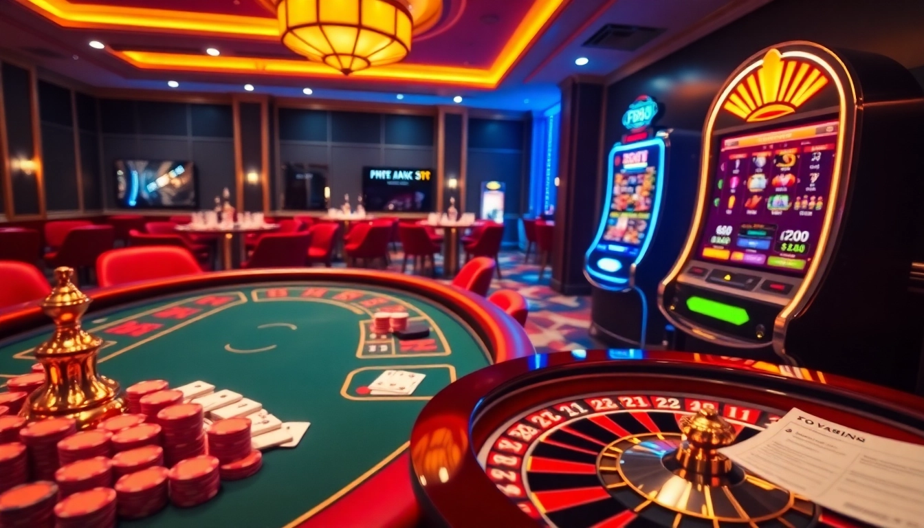 Engaging scene of gambling activities at F168 nhà cái with poker chips and slot machines.