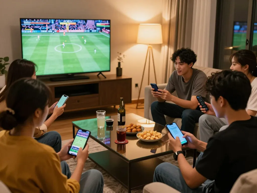 Friends enjoying sports betting together while discussing strategies and using bcx88 apps.