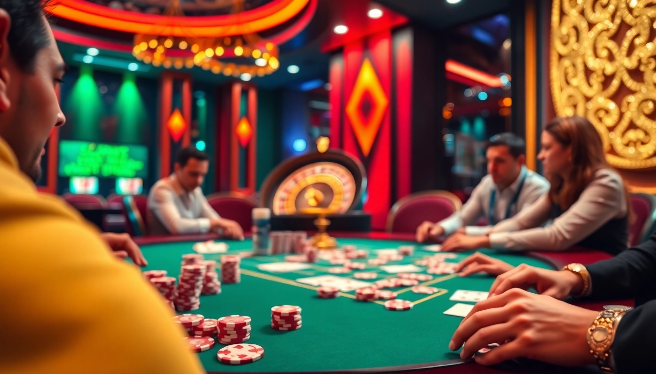 NK88 gaming table bustling with excitement, featuring vibrant poker chips and engaged players.