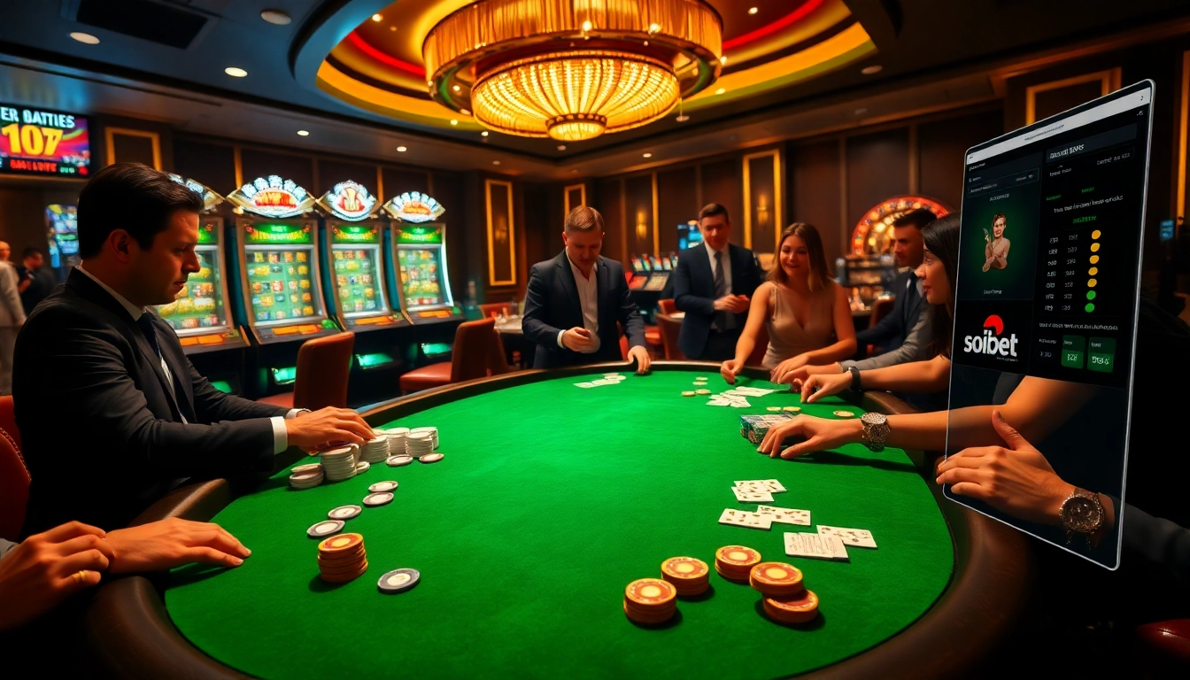 Exciting action at a poker table while exploring soibet ออนไลน์ for gambling.