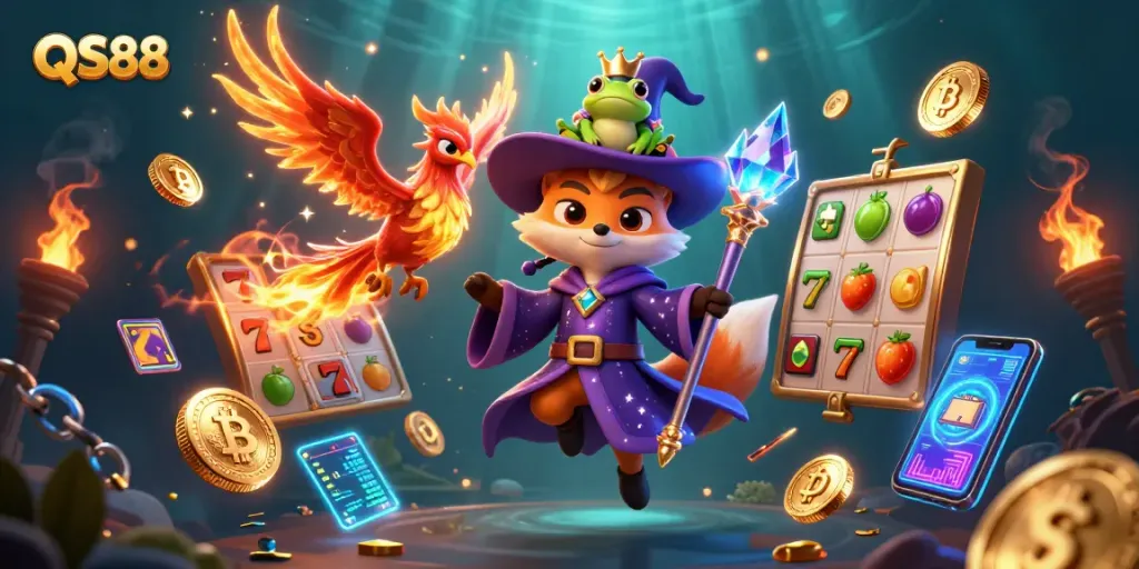 Experience the thrilling world of QS88 slots with a mystical wizard fox and phoenix amidst vibrant elements.