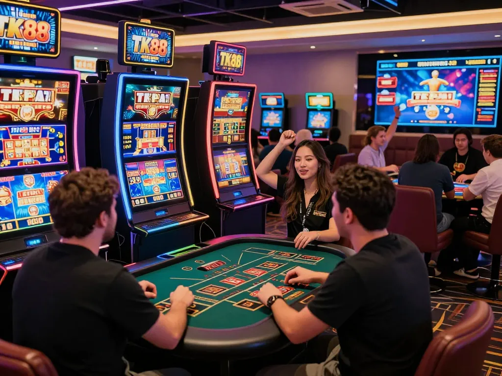 Exciting gaming atmosphere at TK88, featuring players enjoying live casino and slot games.