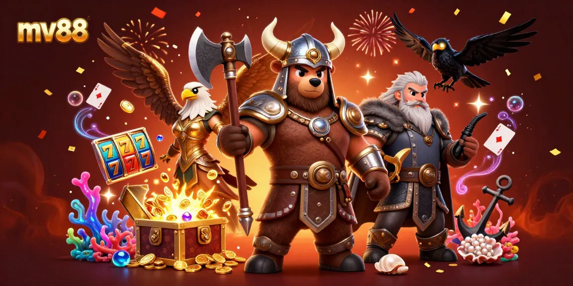 Conquer the reels and win with mv88 in this vibrant online casino illustration.