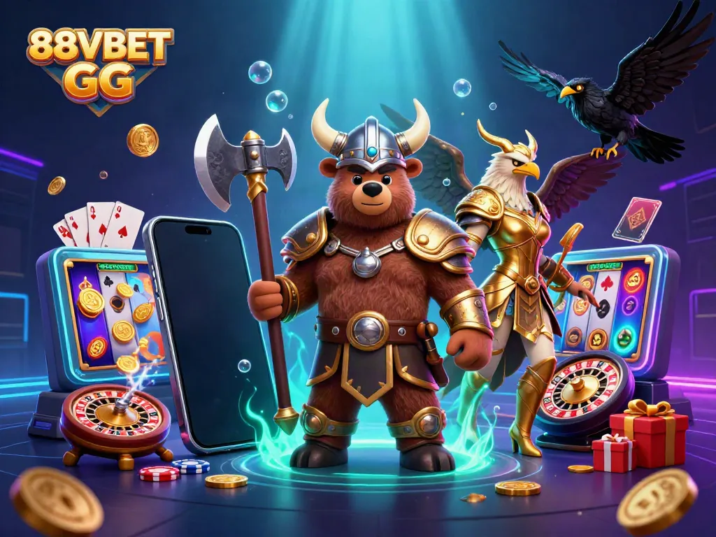 Engage in thrilling slots and casino action with 88VBET GG featuring a Viking bear and Valkyrie eagle.