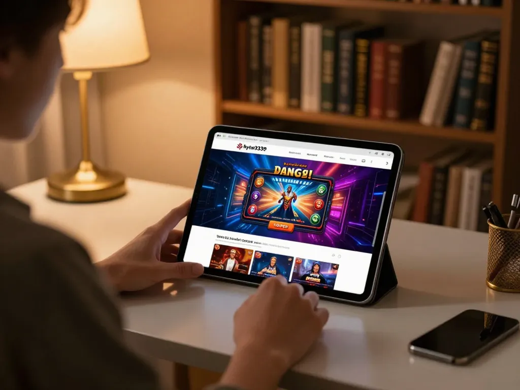 Engaging in hytw3339 đăng nhập on a tablet, enjoying online casino gaming at home in a warm setting.