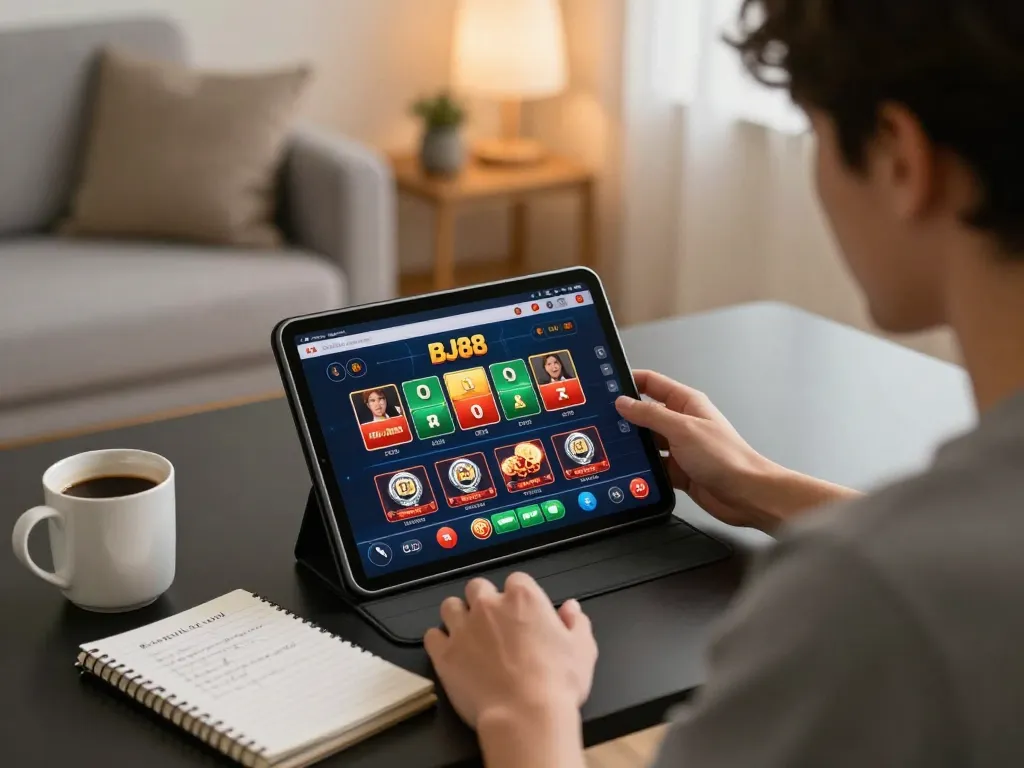 Bj88 user engaging with online casino on tablet, highlighting strategic betting environment