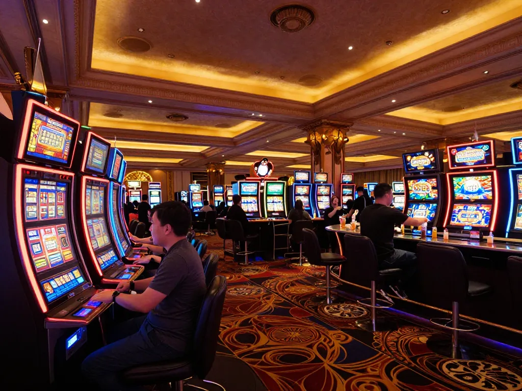 Players enjoying the thrill of the hit club at a lively casino slot area, illuminated machines