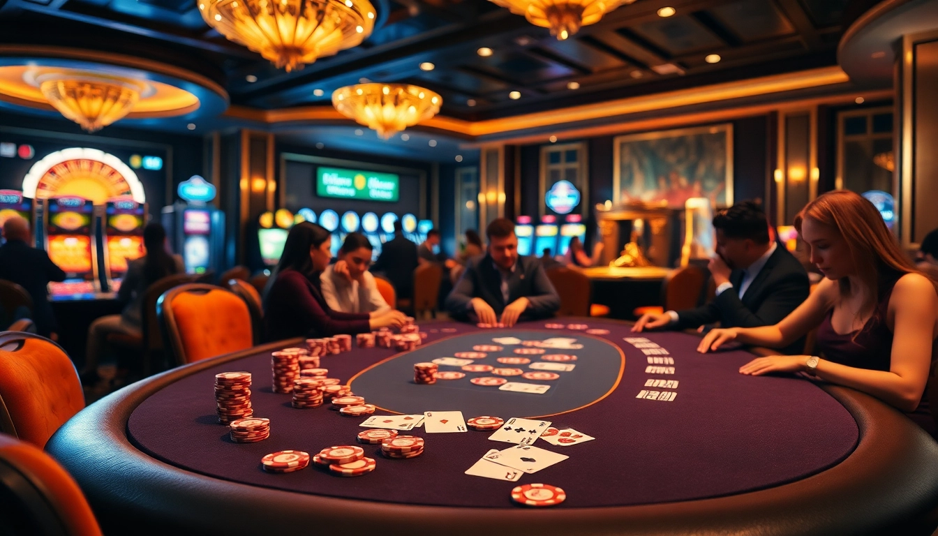 Players engaging at a j88-themed casino table, showcasing poker chips and cards in a luxurious setting.