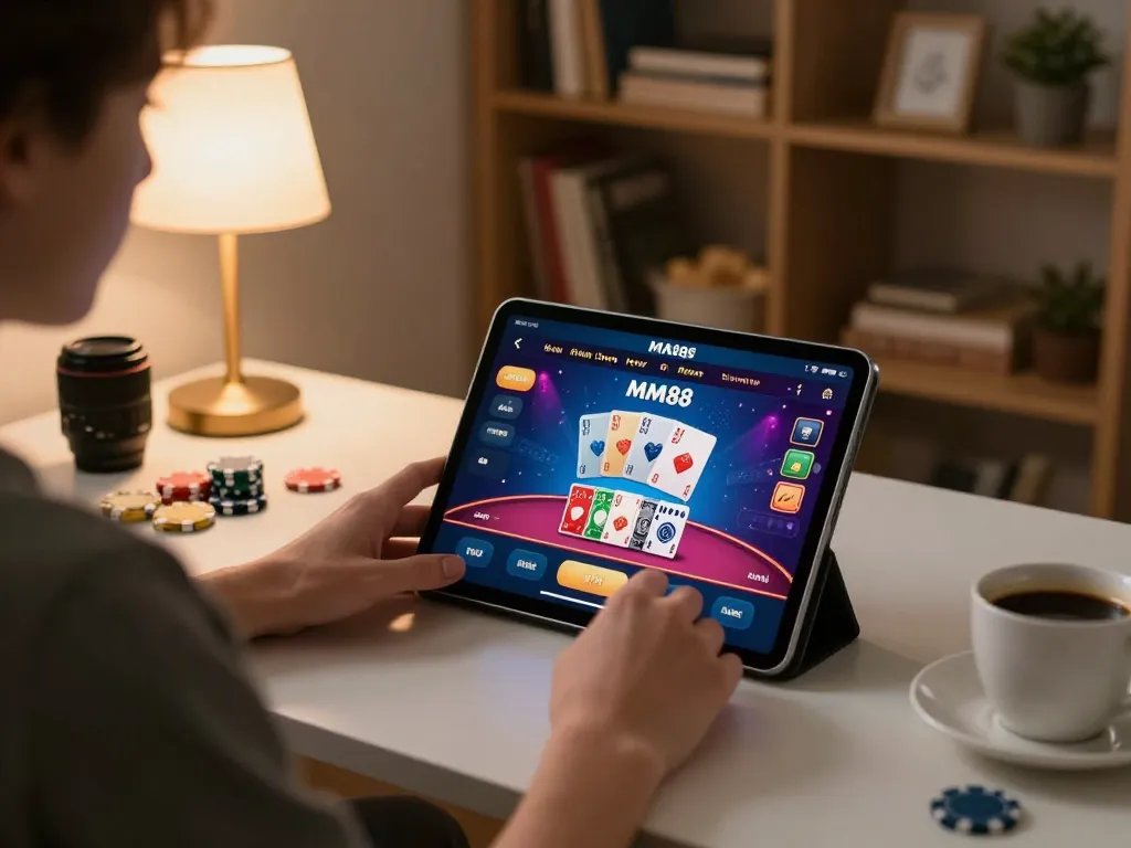 Engaged player using MM88 casino app on tablet in a cozy home setting