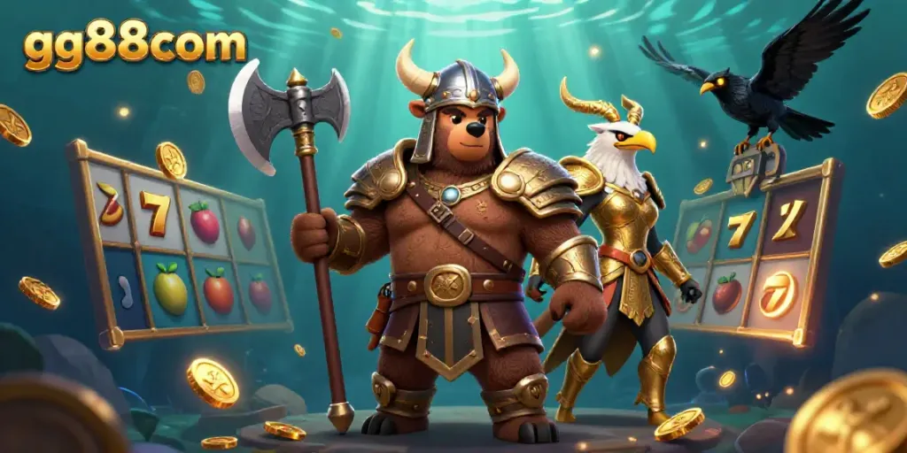 Engage with thrilling slots gameplay at gg88com, showcasing Viking characters and jackpot symbols.