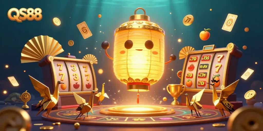 Experience excitement with QS88 as vibrant slot symbols and golden lanterns illuminate a thrilling casino scene.