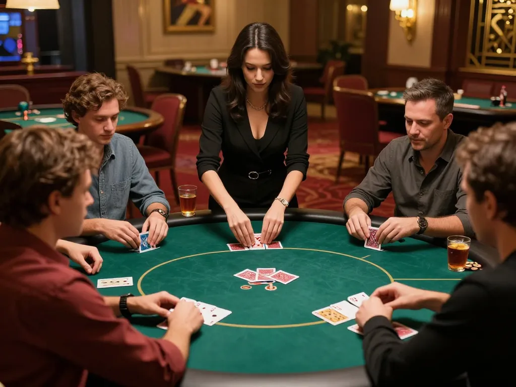 HELLO88 players strategically betting at a dynamic poker table in an upscale casino.