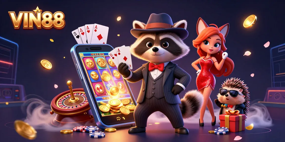Experience the excitement of VIN88 with a charming raccoon, fox, and hedgehog in a vibrant casino scene.
