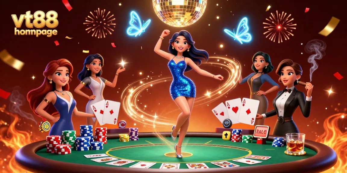 Experience the excitement of vt88 homepage with vibrant casino art depicting poker, dynamic elements, and celebration.
