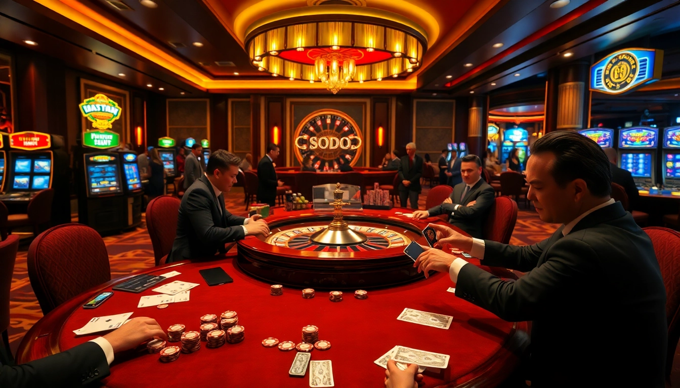Players strategizing at SODO CASINO poker table surrounded by colorful chips and cards.