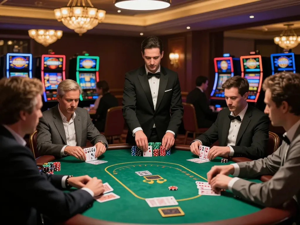 Luck8 com players engaged in high-stakes poker, showcasing intensity and luxury atmosphere of casino gaming