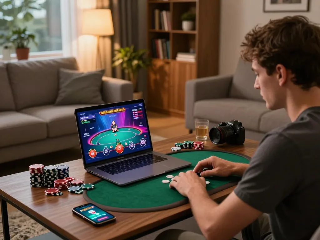 Engaged player strategizing in the 789win club online poker game on a laptop.