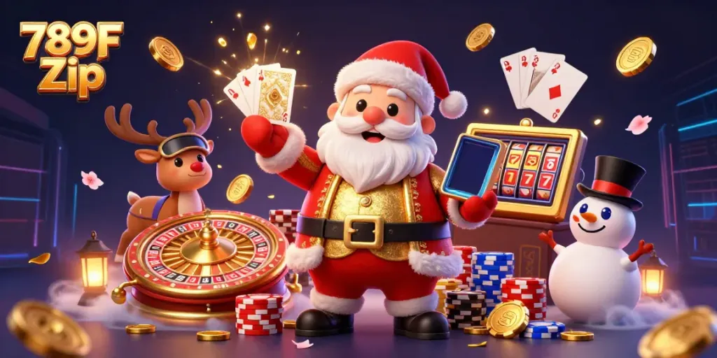 Experience the thrilling excitement of 789F Zip casino with Santa Claus and friends amid cascading coins and vibrant casino elements.