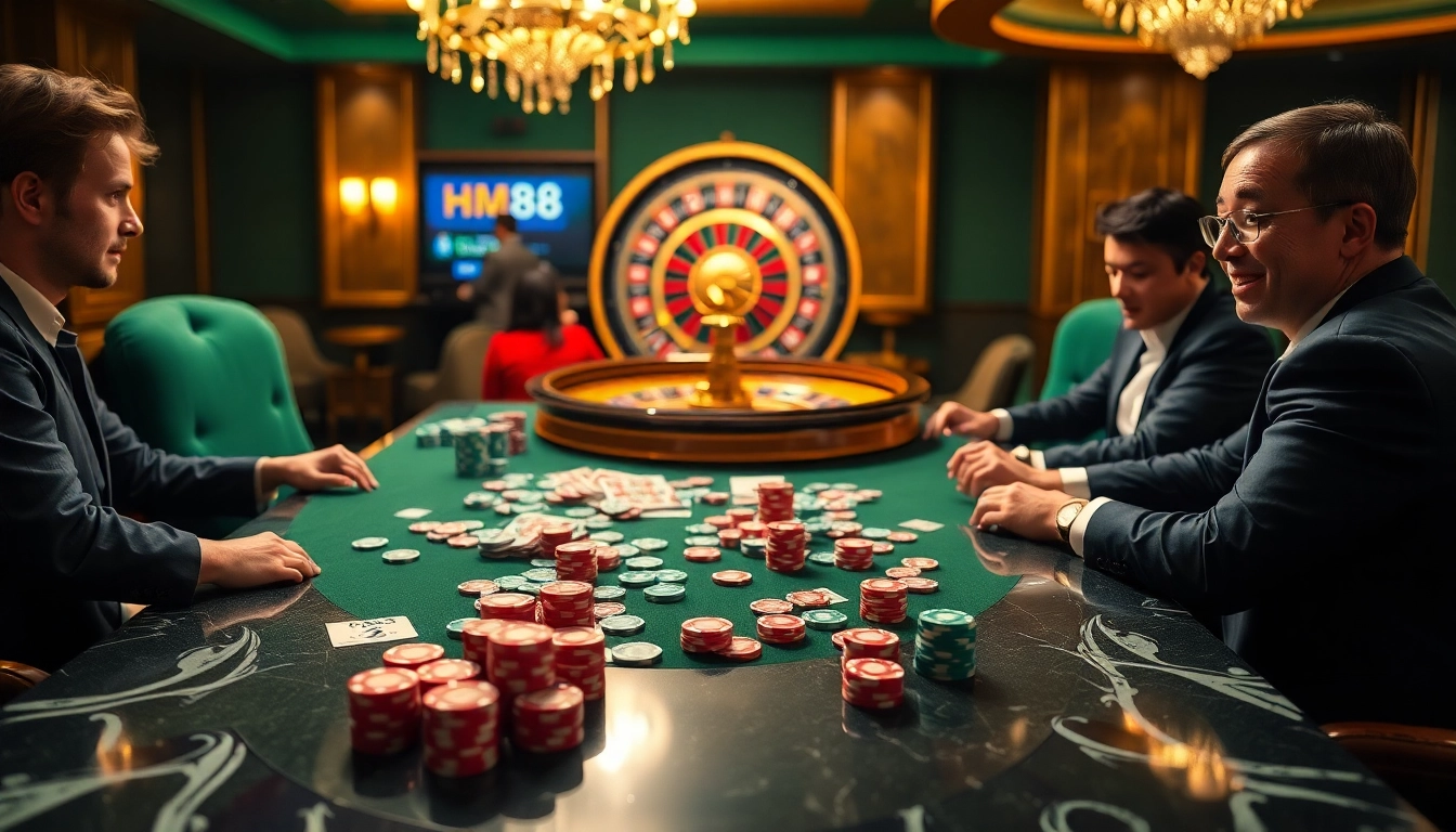 Experience the thrill at HM88 with vibrant casino games and poker chips in action.