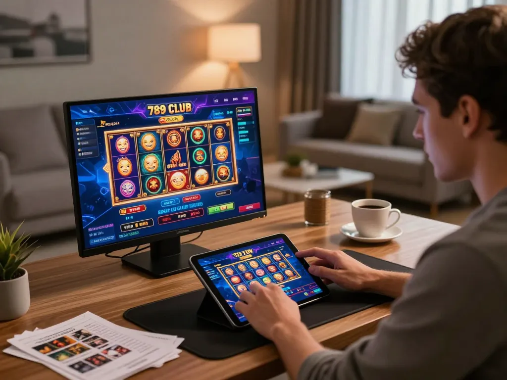 The individual immersed in online gaming on the 789 Club tablet, showcasing an engaging casino interface while surrounded by cozy home decor.