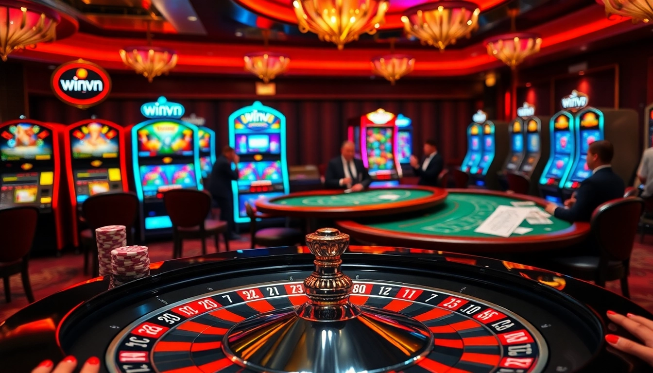 Experience the thrill of winning at WinVN's vibrant casino atmosphere with roulette, poker, and slot excitement.