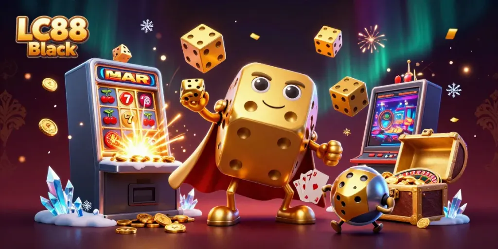 Experience thrilling gameplay with LC88 Black in a vivid casino scene filled with golden dice and jackpots.