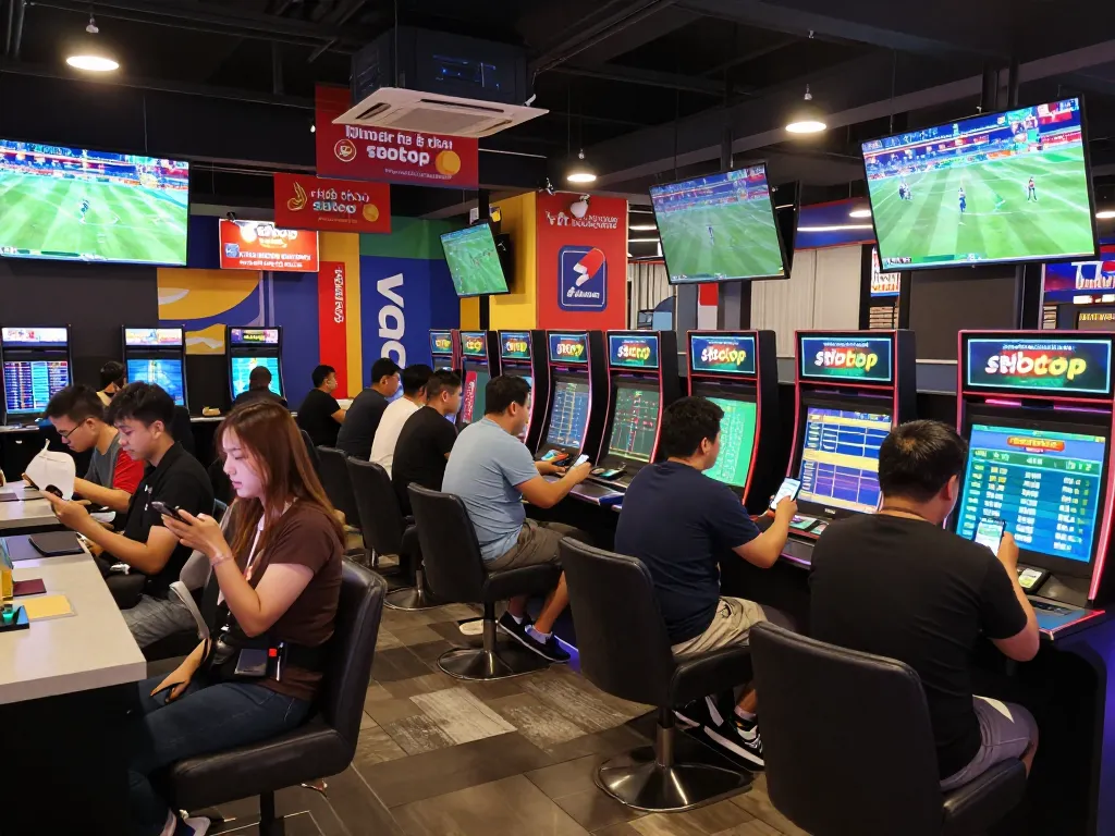 Enthusiastic bettors engaging with Thể thao sbotop in a lively sports betting lounge, capturing excitement.