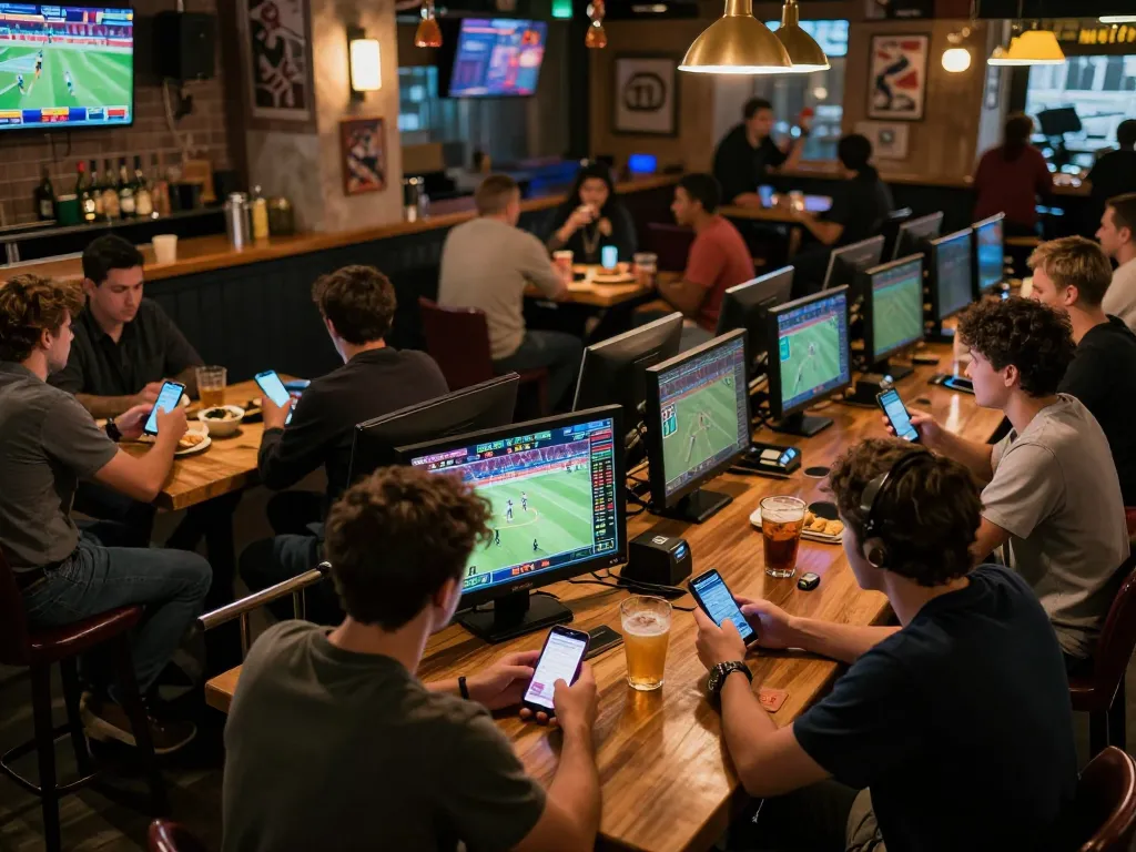 TR88 sports betting excitement among friends analyzing odds and placing bets in lively bar setting