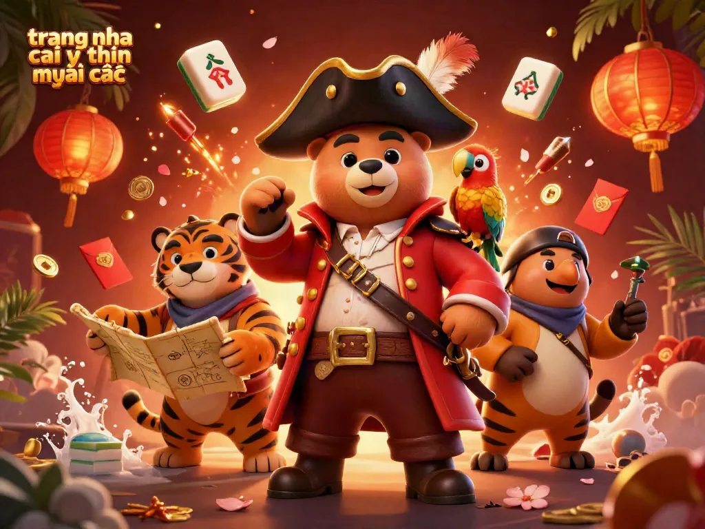 Play on trang nha cai uy tin mới nhất with a pirate crew amid floating mahjong tiles and festive decor