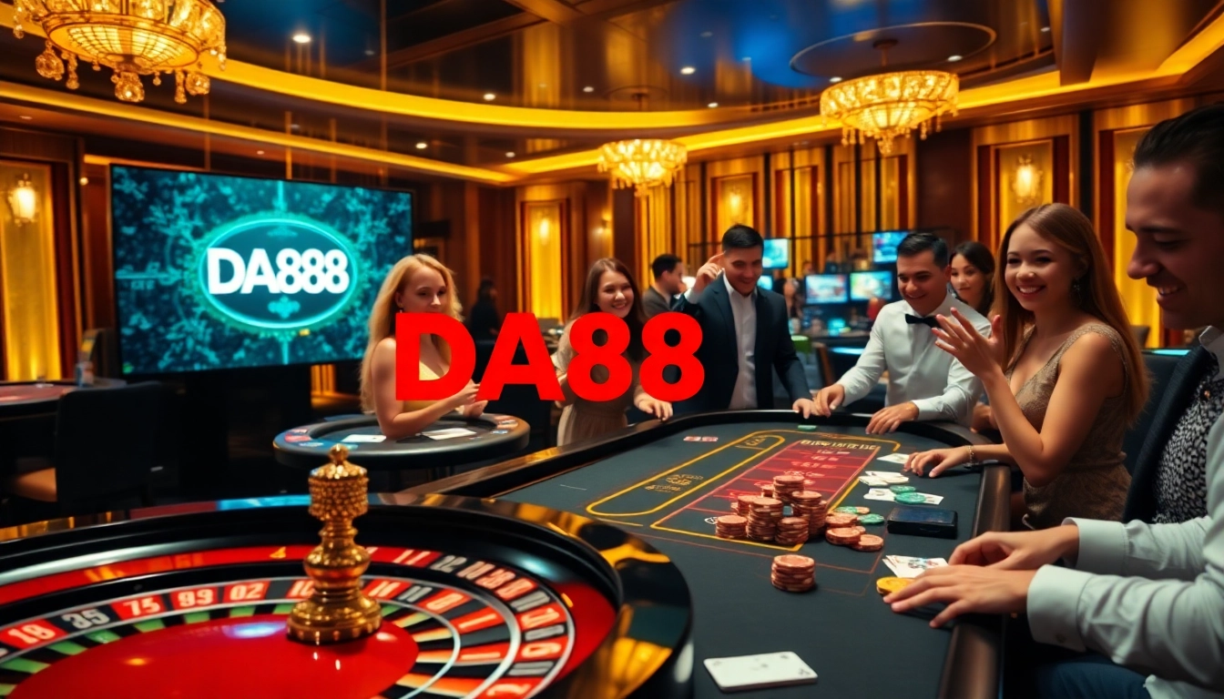Exciting casino scene with DA88 branding, roulette wheel, and celebratory players.