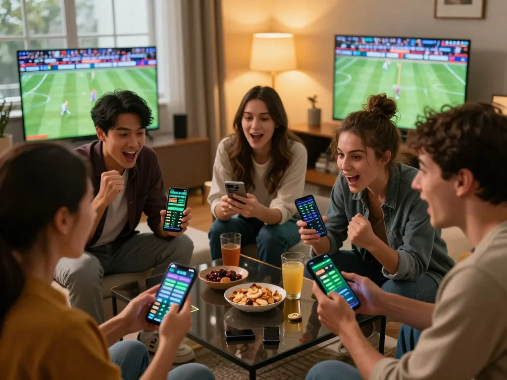 Friends engaging in sports betting using km777 apps on their smartphones in a lively home atmosphere