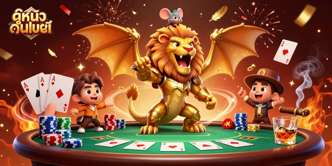 Engaging action scene of ดูหนังออนไลน์ featuring a triumphant chimera and mouse jockey amidst vibrant gambling elements.