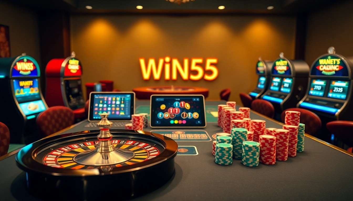 Exciting win55 gaming experience at a luxurious casino with roulette and poker.