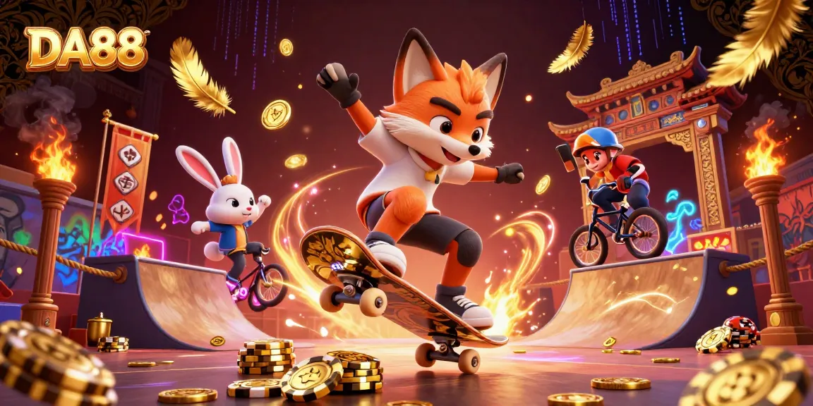 Engaging illustration of DA88 with a skateboarder fox and BMX rabbit in a dynamic casino scene.