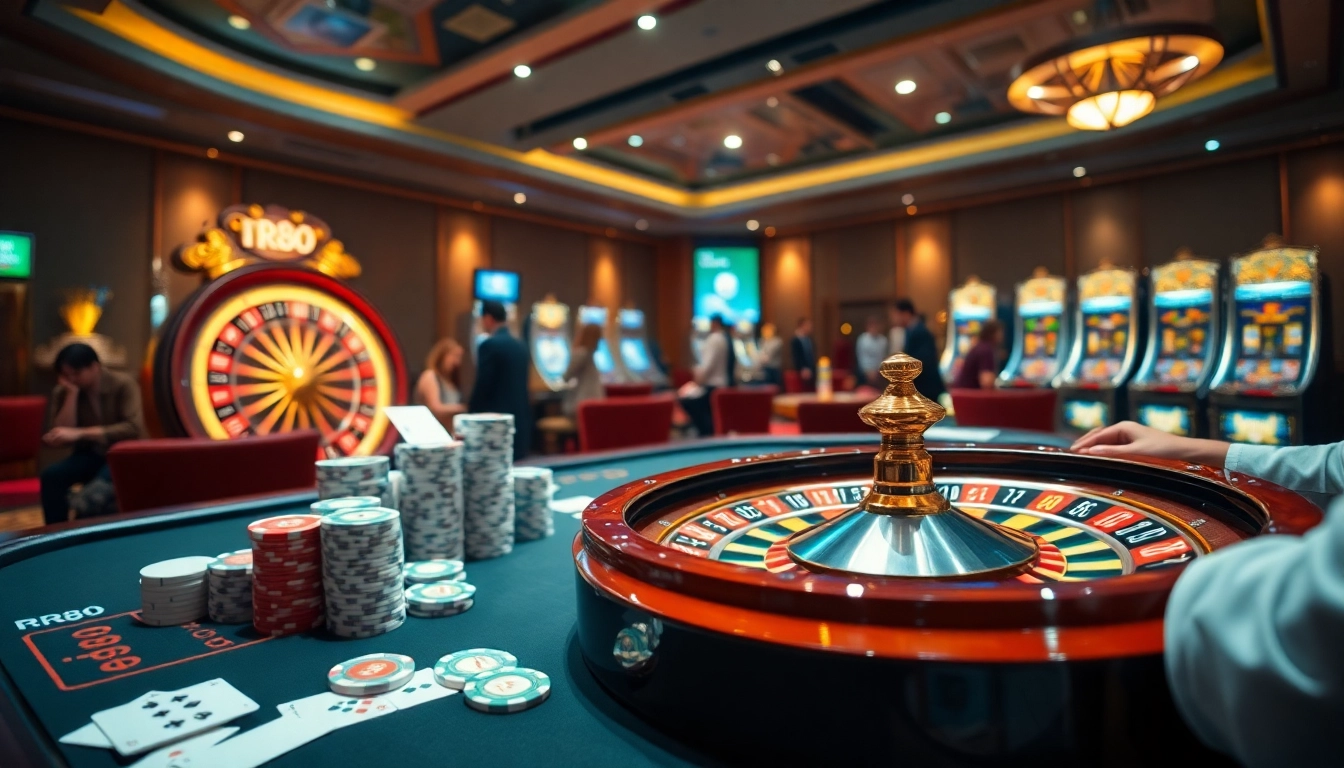 Engaging players enjoy the RR88 game in a luxurious casino setting with roulette and poker tables.