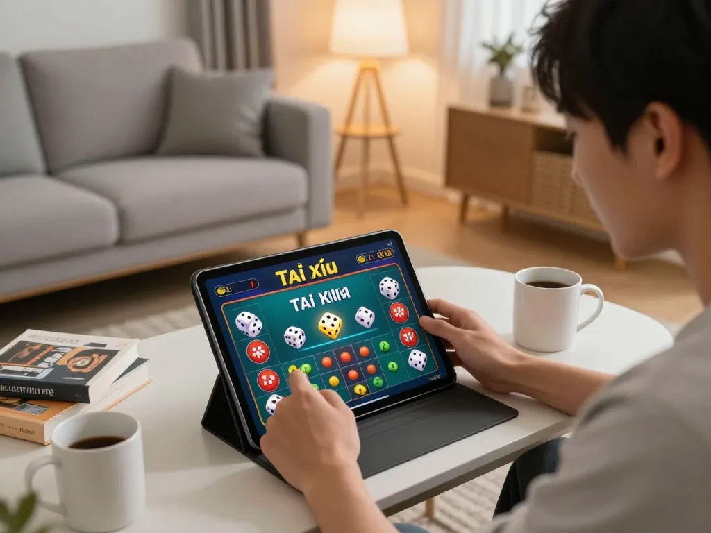 Engaged player enjoying online Tài Xỉu gaming with taixiuonline8 on a tablet, showcasing a relaxed atmosphere.